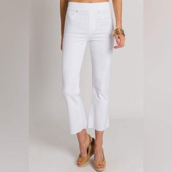 SPANX Pants - Spanx Flare Bootcut High Rise Pull-On Raw Hem Cropped Stretch Jeans White Large
